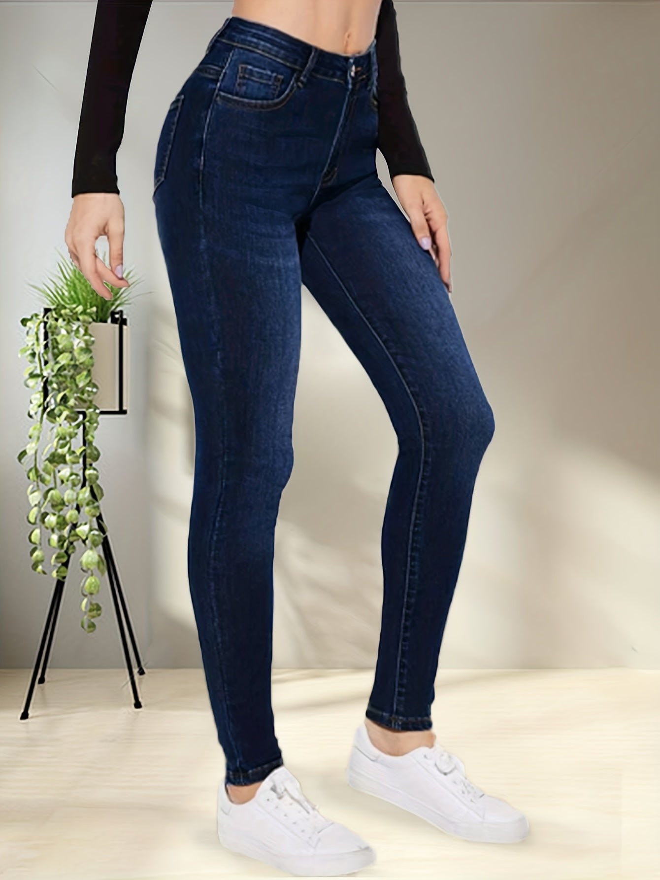 Blue High Stretch Skinny Jeans, Slim Fit Slant Pockets Casual Tight Jeans, Women's Denim Jeans & Clothing MyFave Boutique