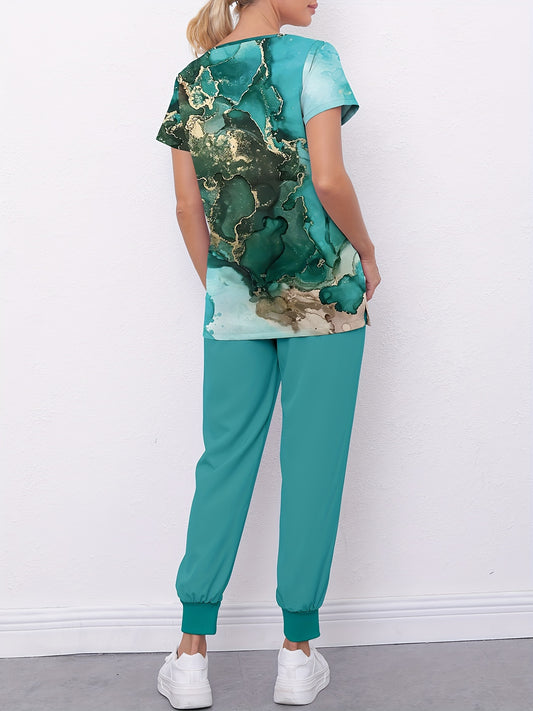 Medical Scrub Suit Set, Marble Print V-neck Pockets Scrub Top & Solid Color Jogger Scrub Pants Outfits For Nurse, Women's Clothing MyFave Boutique