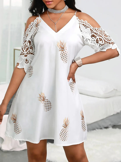 Women's Pineapple Print V Neck Dress with Contrast Lace Sleeves - Casual Bag Hip Short Sleeve Dress for Spring & Summer MyFave Boutique