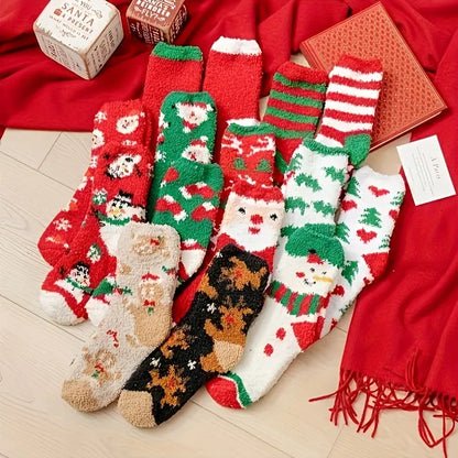 20pcs Cozy Coral Fleece Christmas Socks for Women - Cute & Warm Mid-Calf with Festive Reindeer & Santa Designs, Perfect for Holiday Gifting MyFave Boutique