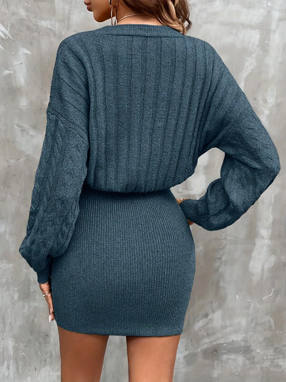 Cable Knit Button Front Bodycon Sweater Dress, Long Sleeve High Waist Elegant Solid Color Women's Dress MyFave Boutique