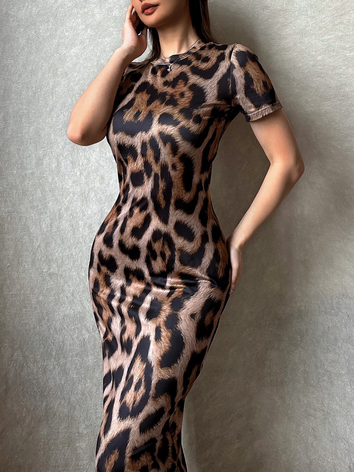 Leopard Print Crew Neck Dress, Casual Short Sleeve Midi Slim Fit Dress For Spring & Summer, Women's Clothing MyFave Boutique