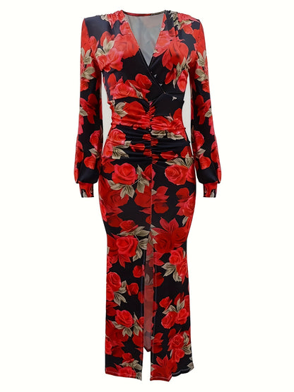 Floral Print Slit Front Dress, Elegant Plunging Lantern Sleeve Bodycon Maxi Dress For Spring & Fall, Women's Clothing MyFave Boutique