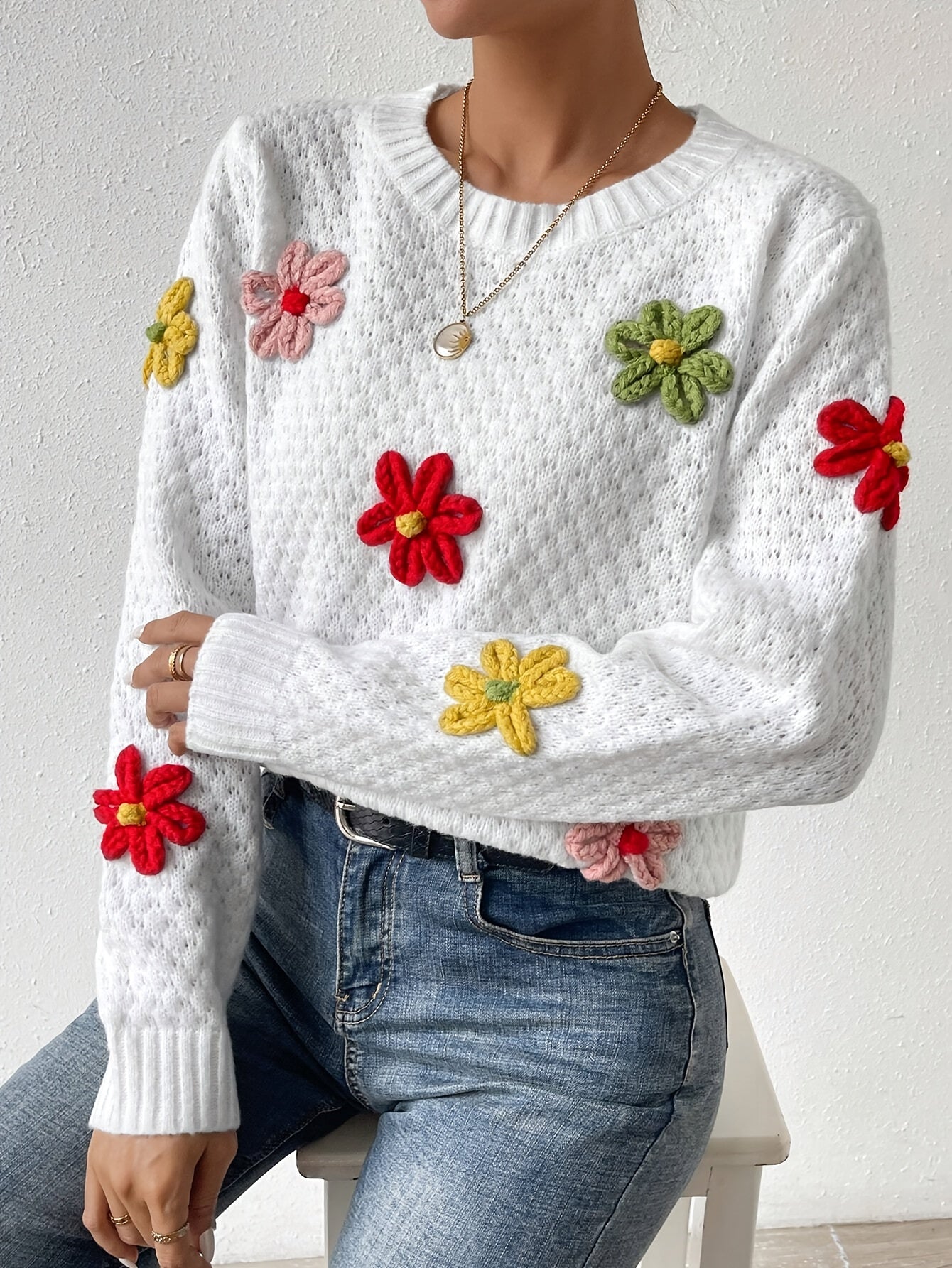 Floral Design Crew Neck Knitted Sweater, Casual Long Sleeve Drop Shoulder Pullover Sweater For Fall & Winter, Women's Clothing MyFave Boutique