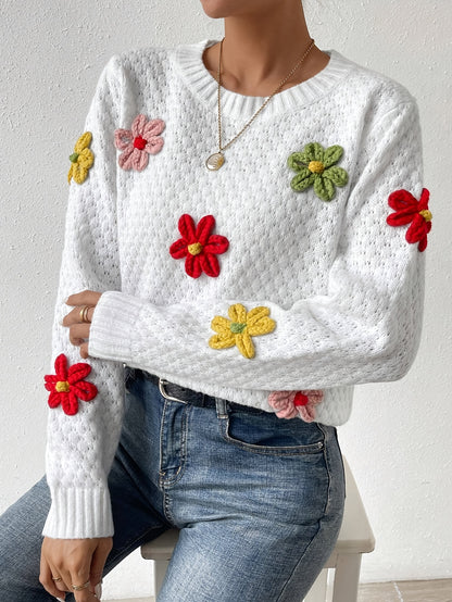 Floral Design Crew Neck Knitted Sweater, Casual Long Sleeve Drop Shoulder Pullover Sweater For Fall & Winter, Women's Clothing MyFave Boutique