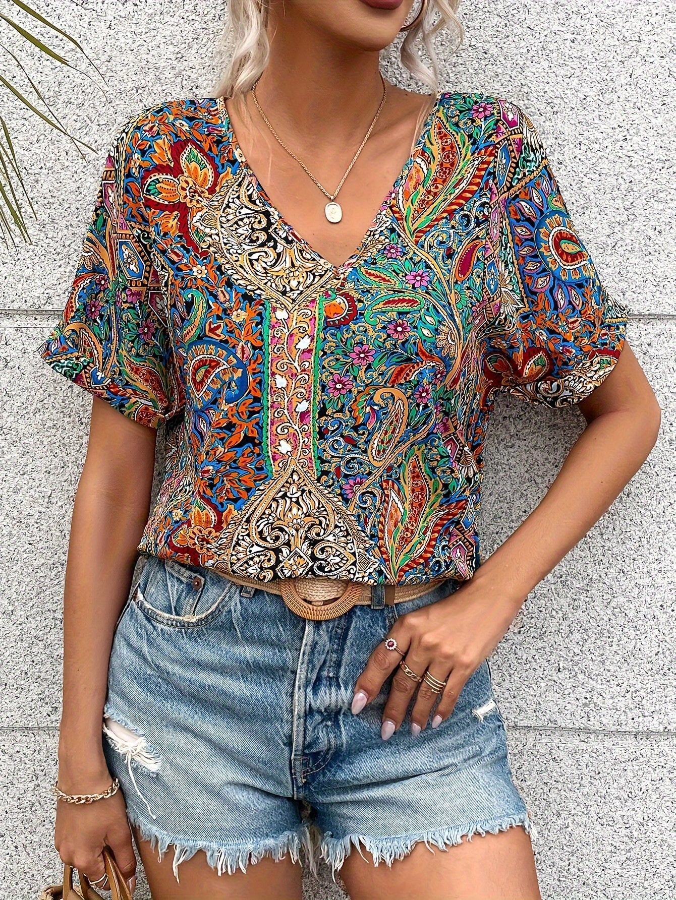 Paisley Print V-neck Loose Blouse, Vintage Short Sleeve Blouse For Spring & Summer, Women's Clothing MyFave Boutique