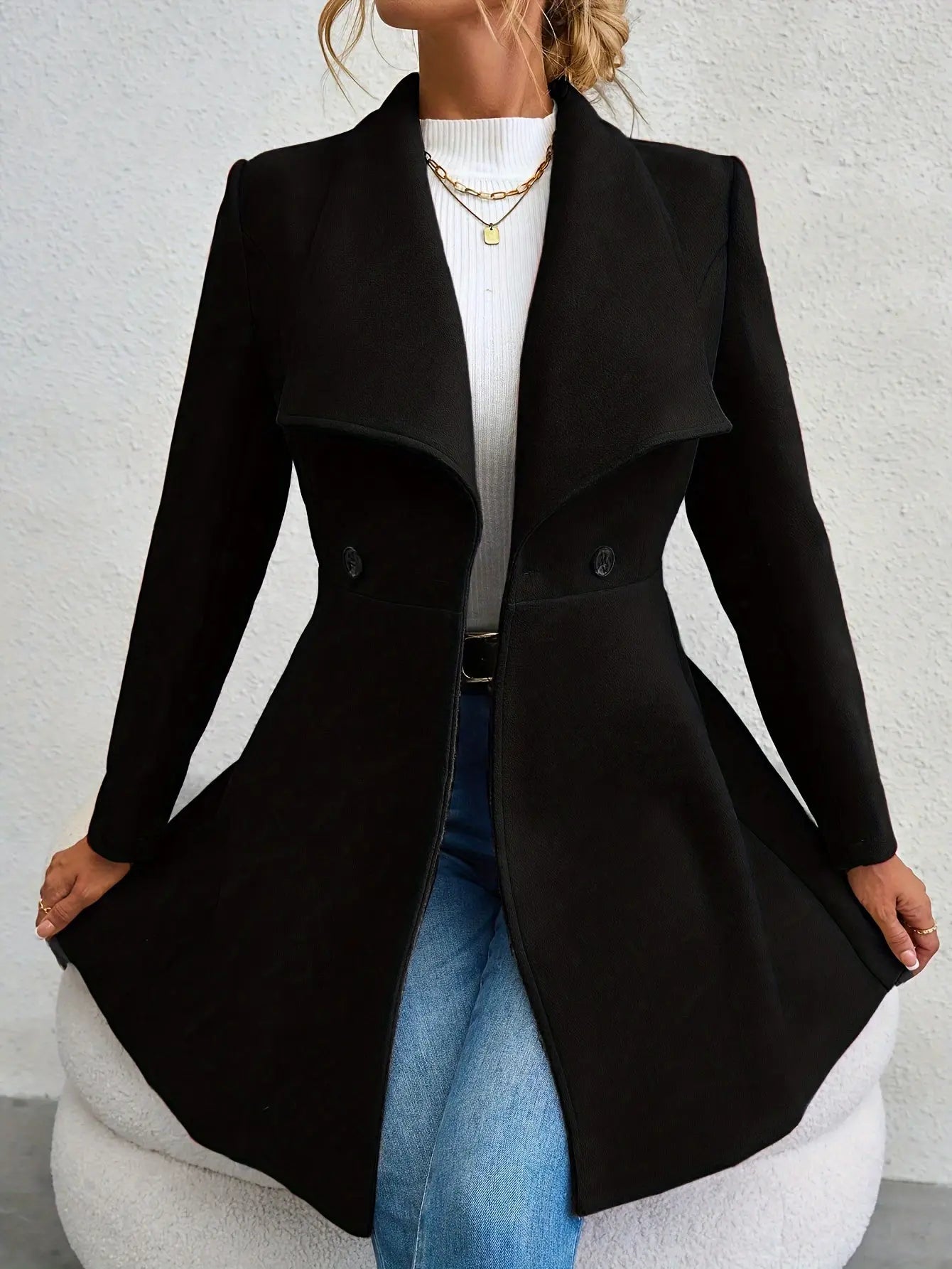 Double-breasted A-line Lapel Coat, Elegant Solid Long Sleeve Longline Coat For Fall & Winter, Women's Clothing MyFave Boutique