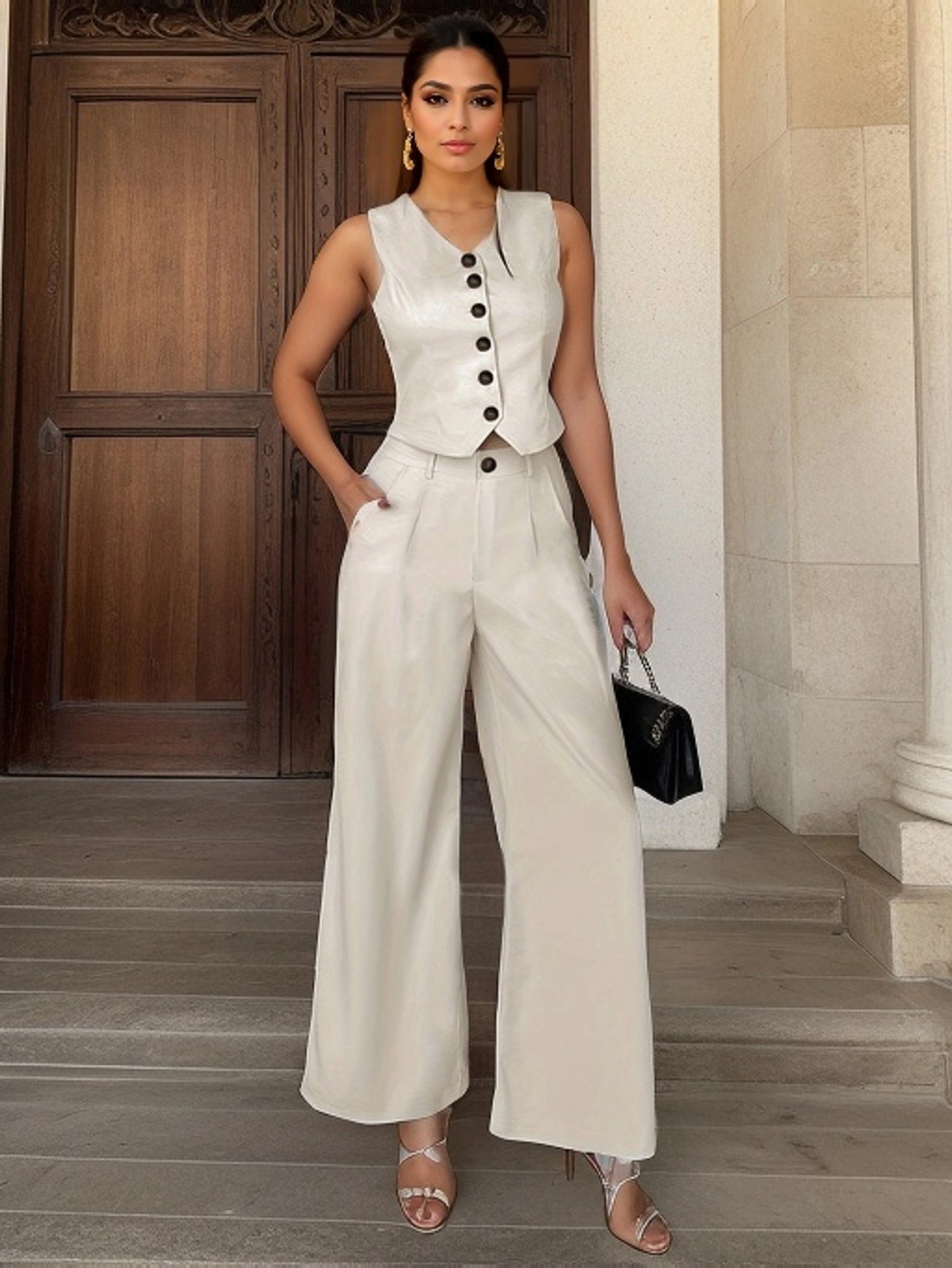 Elegant Solid Color Pants Set, Single Breasted Slim Vest & High Waist Wide Leg Loose Pants For Office & Work, Women's Clothing MyFave Boutique