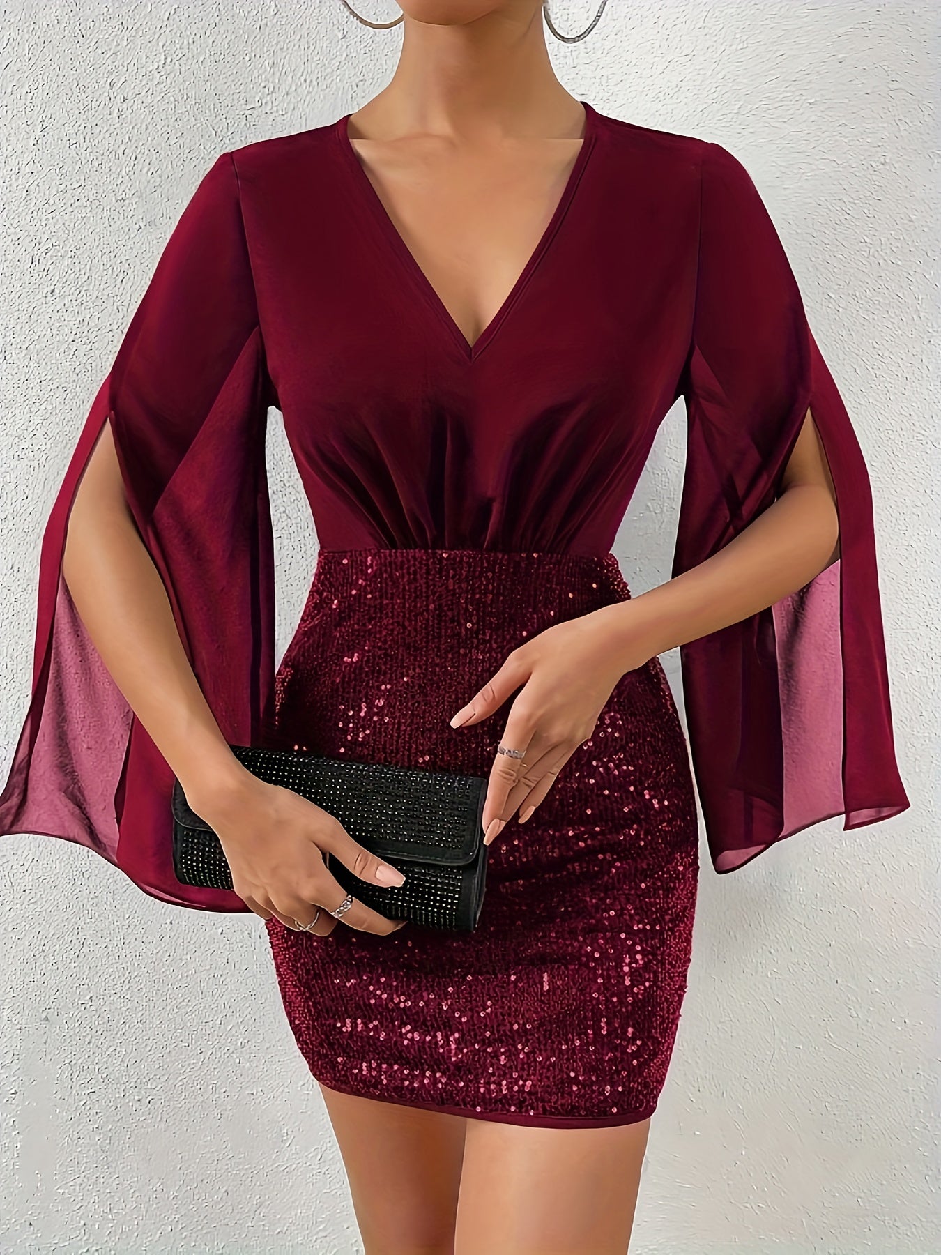 Sequined Splice Split Sleeve Dress, Elegant V-neck Bodycon Dress, Women's Clothing MyFave Boutique