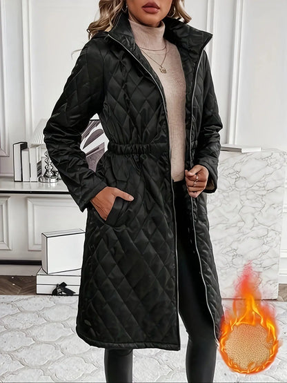 Elegant Women's Hooded Trench Coat with Quilted Detail - Long Sleeve, Mid-Length, Polyester, Machine Washable MyFave Boutique