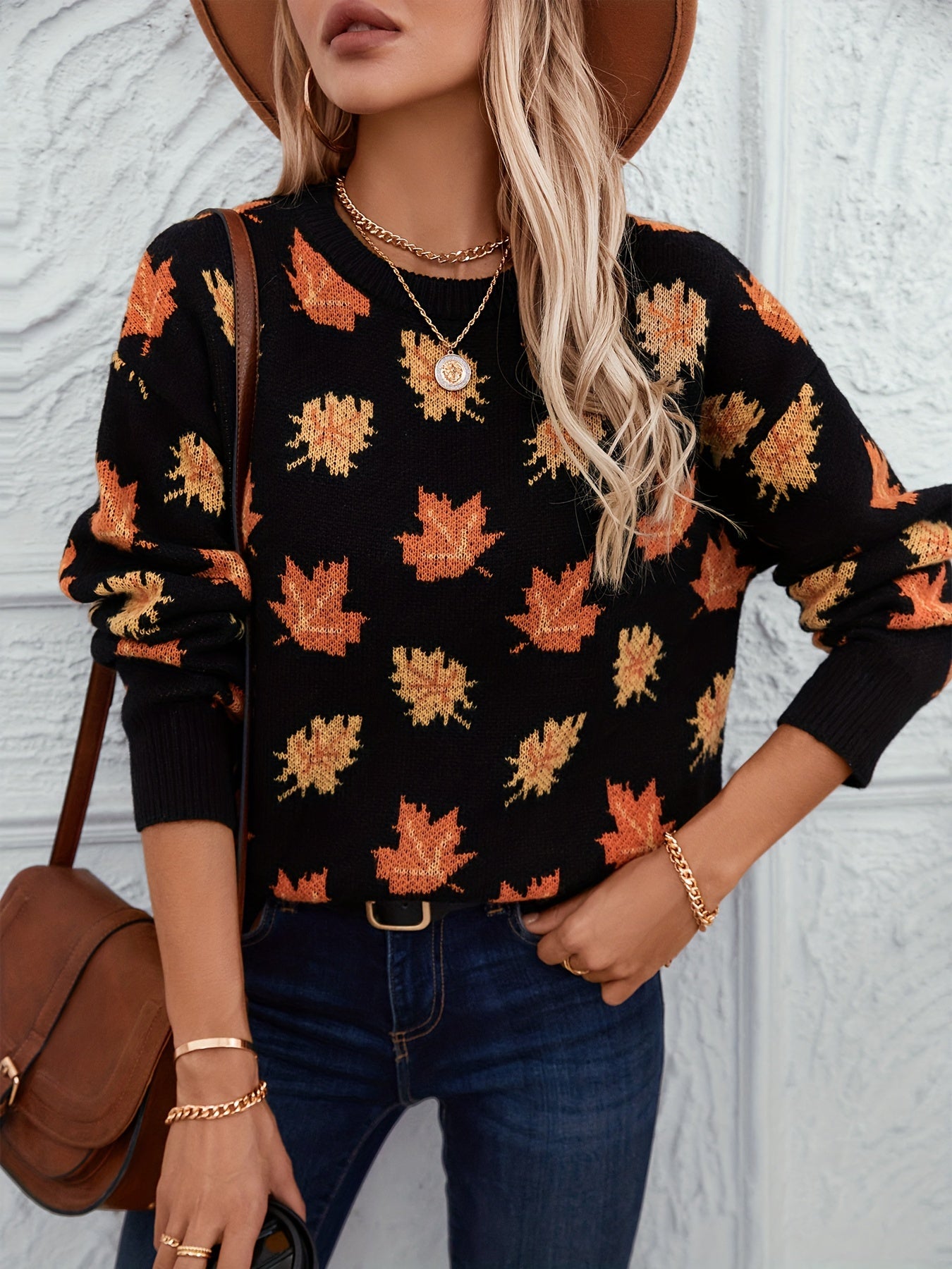 Autumn Maple Leaf Print Crew Neck Sweater - 100% Polyester Casual Knit Pullover with Long Sleeves, Slight Stretch, Loose Fit for Fall/Winter MyFave Boutique