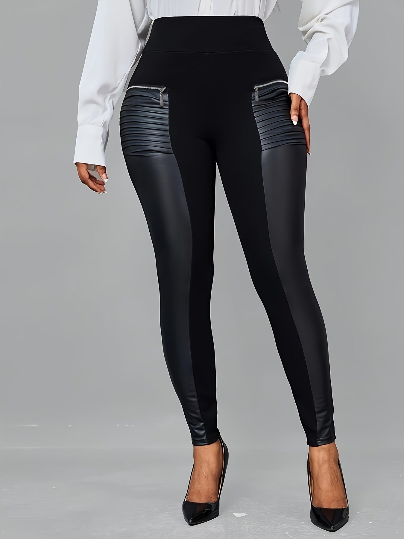 Zipper Faux Leather Skinny Pants, Stylish High Waist Slim Pants For Every Day, Women's Clothing MyFave Boutique