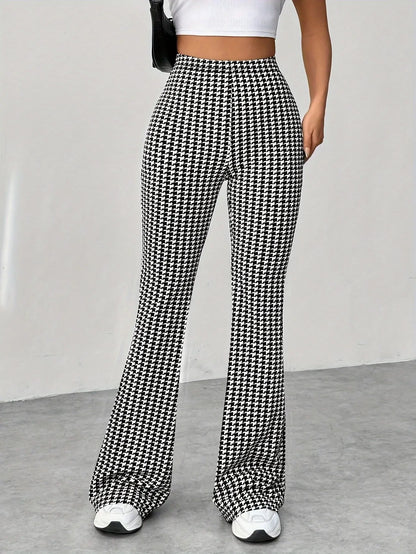 Houndstooth Flare Leg Pants, Elegant High Waist Forbidden Pants For Spring & Summer, Women's Clothing MyFave Boutique