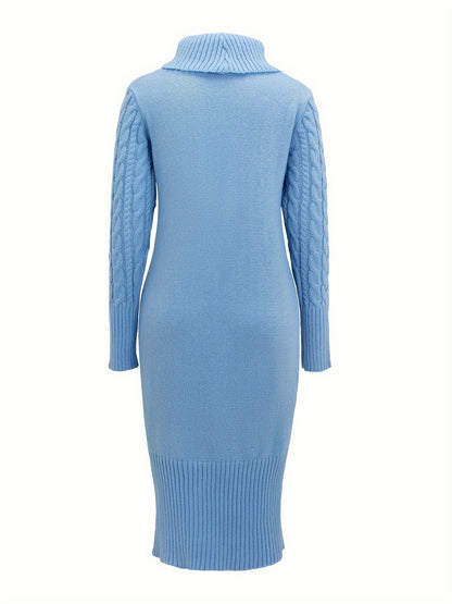 Cable Knit Turtle Neck Slim Dress, Elegant Long Sleeve Solid Color Slim Dress For Spring & Fall, Women's Clothing MyFave Boutique