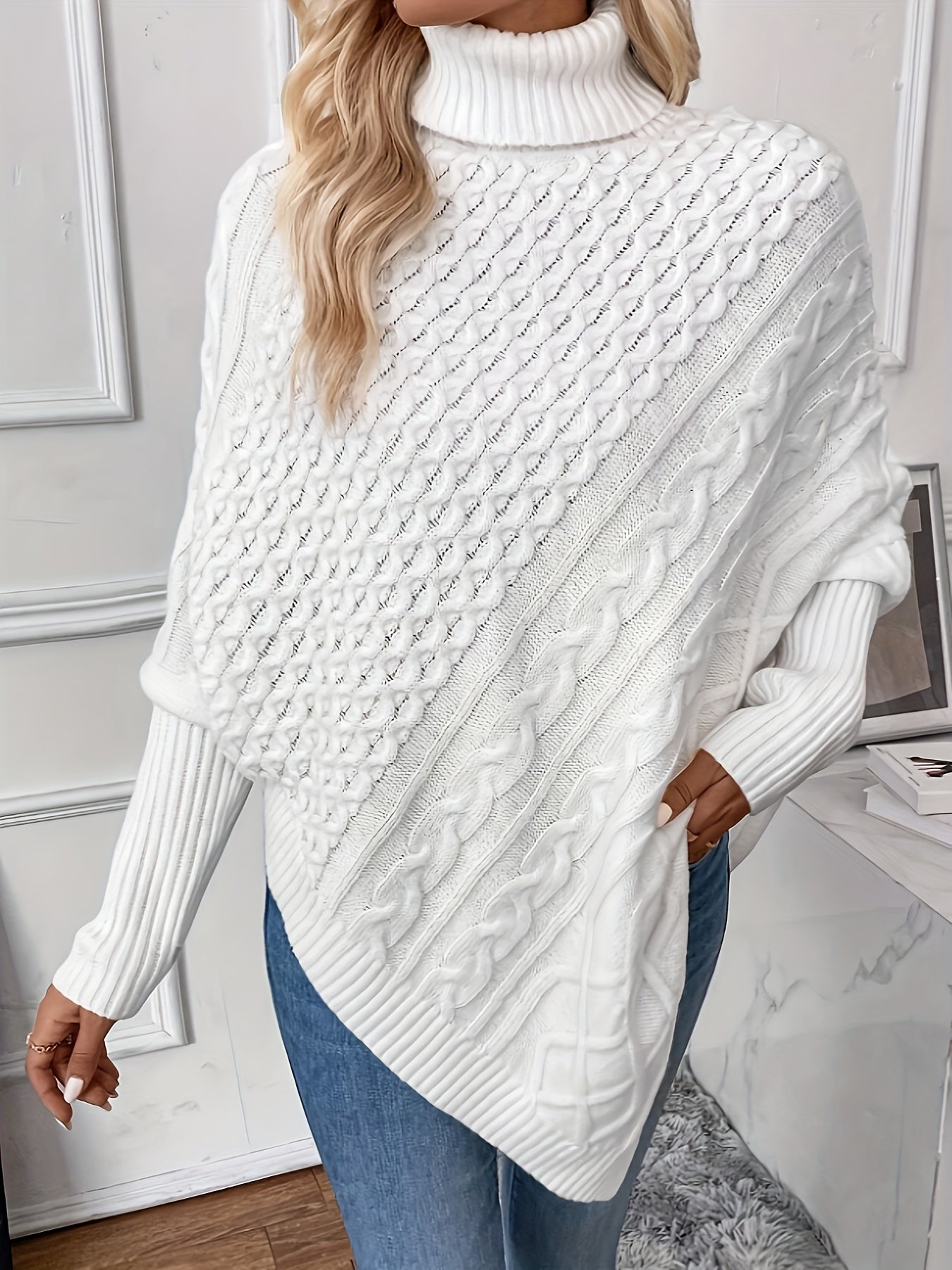 Cable Knit Turtle Neck Sweater, Stylish Hanky Hem Batwing Long Sleeve Sweater For Fall & Winter, Women's Clothing MyFave Boutique