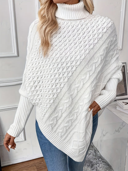 Cable Knit Turtle Neck Sweater, Stylish Hanky Hem Batwing Long Sleeve Sweater For Fall & Winter, Women's Clothing MyFave Boutique