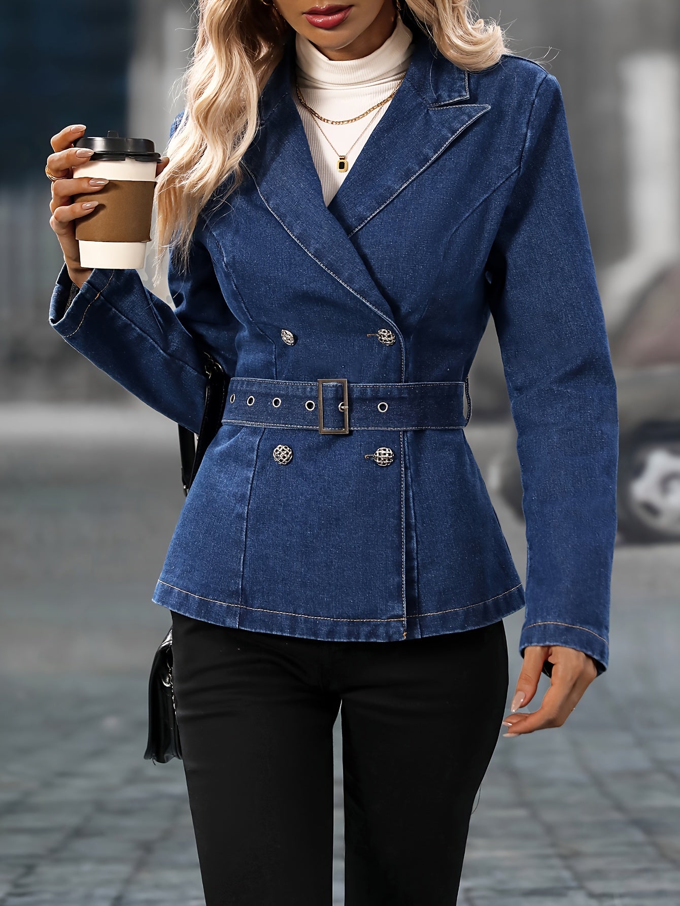 Adjustable Blet Lapel Plain Dark Washed Blue Elegant Style Denim Jacket Coat, Women's Denim Jeans & Clothing MyFave Boutique