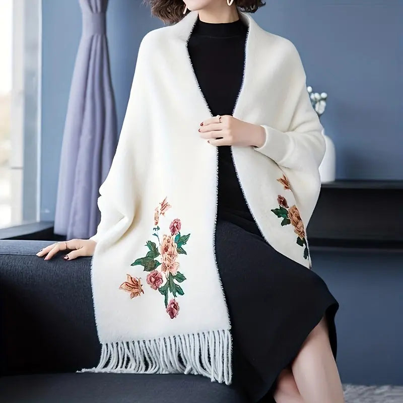 Faux Fur Embroidered Shawl Cheongsam Outer TasselCloak Scarf Elegant Female Thick Shawl Autumn Winter Scarf With Send A Brooch MyFave Boutique