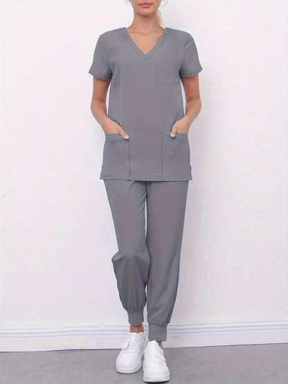 two-piece Women's Medical Scrub Set: V-Neck Short Sleeve Top & Pants with Pockets MyFave Boutique