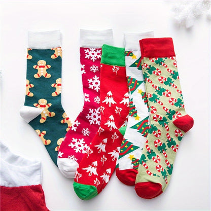 5 Pairs Christmas Pattern Socks, Casual Vintage Style Mid Tube Socks For Fall & Winter, Women's Stockings & Hosiery MyFave Boutique