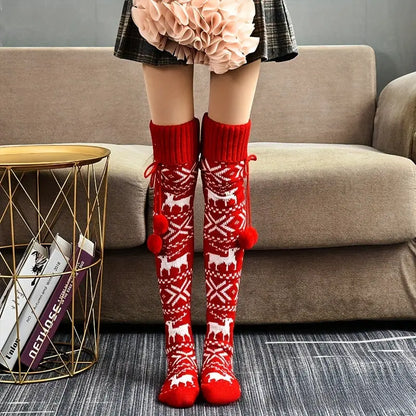 Cozy Christmas Reindeer Over-the-Knee Socks for Women - Thick Knit with Pompom Detail, Elegant Style, Acrylic Blend MyFave Boutique