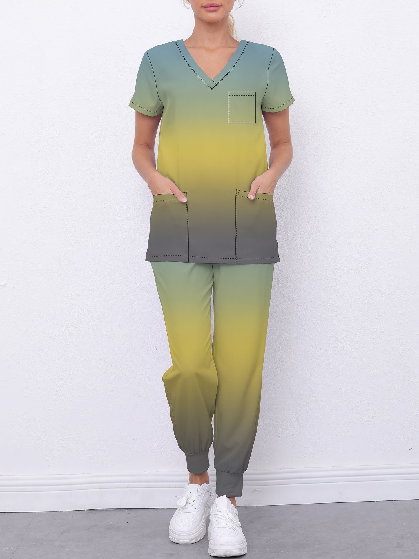 2pcs Gradient Color 2-Piece Modern Scrub Set for Nurses, Doctors, and Healthcare Professionals - Breathable Top & Elastic Waist Bottoms MyFave Boutique