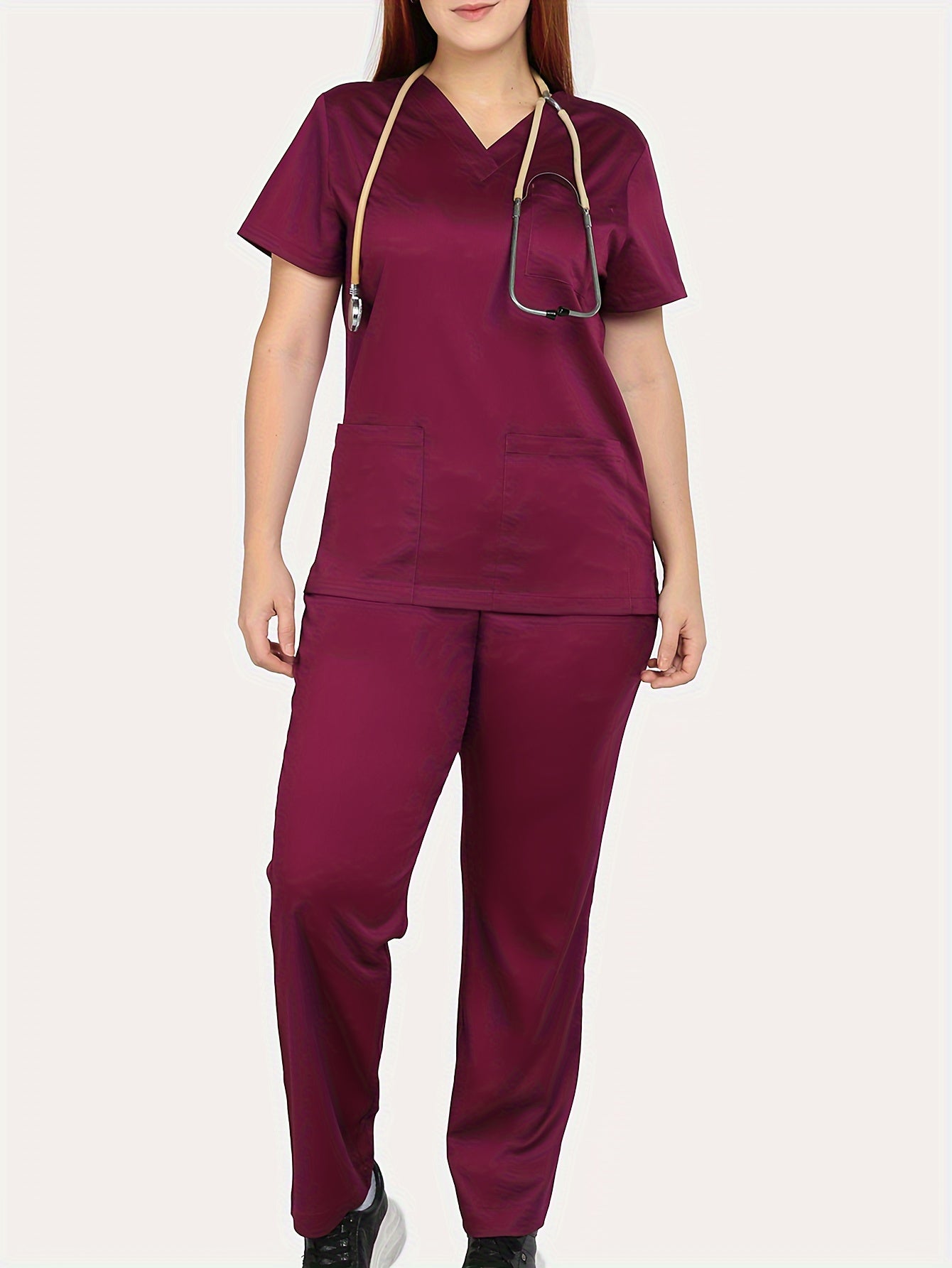 Functional Two-piece Set, V Neck Short Sleeve Pockets Uniforms Top & Straight Leg Pants, Women's Clothings MyFave Boutique