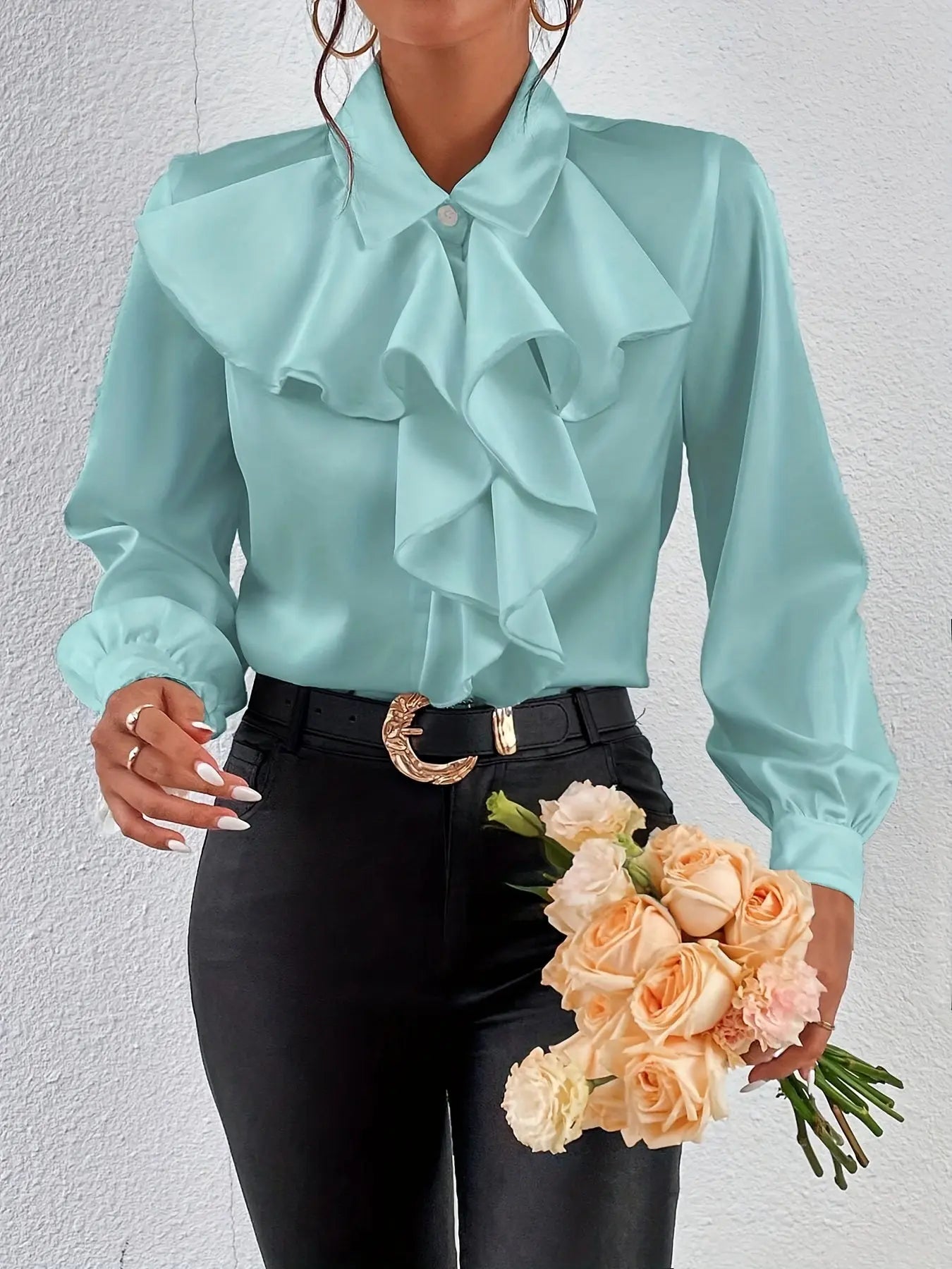 Solid Color Ruffle Trim Blouse, Elegant Long Sleeve Blouse For Spring & Fall, Women's Clothing MyFave Boutique