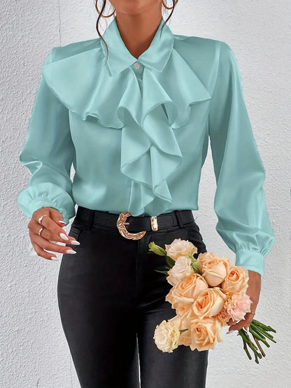 Solid Color Ruffle Trim Blouse, Elegant Long Sleeve Blouse For Spring & Fall, Women's Clothing MyFave Boutique