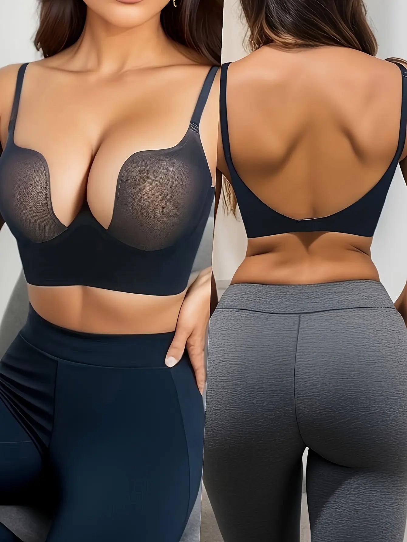 Solid Sexy Seamless Backless Bra, Full Coverage Deep V Plunge Underwear, Breathable Mesh Lingerie, Comfort Support - Black MyFave Boutique