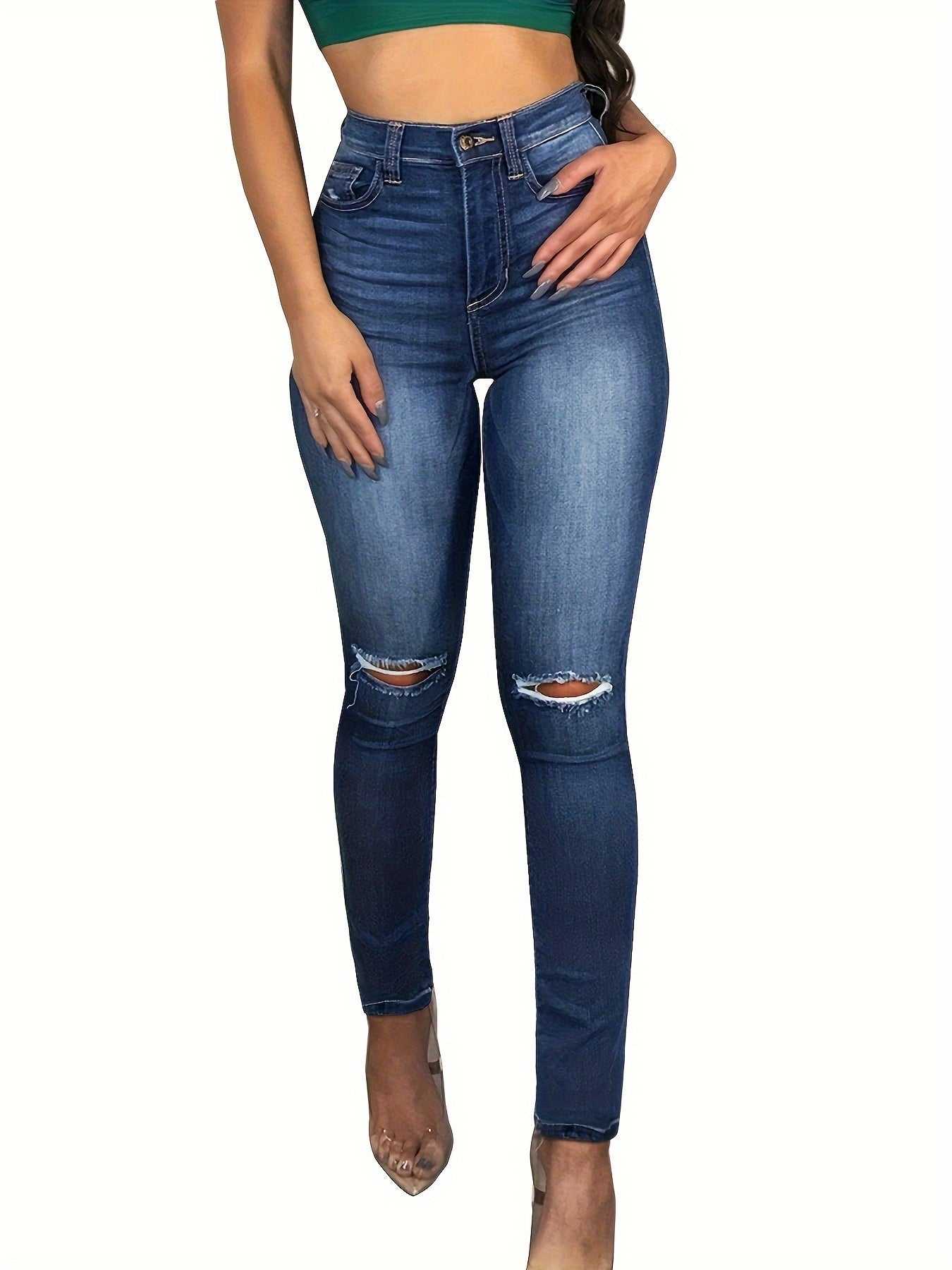 Women's Plain Washed Blue High Rise Ripped Skinny Fit Jeans Stretchy Sexy Distressed Destroyed Denim Pants MyFave Boutique