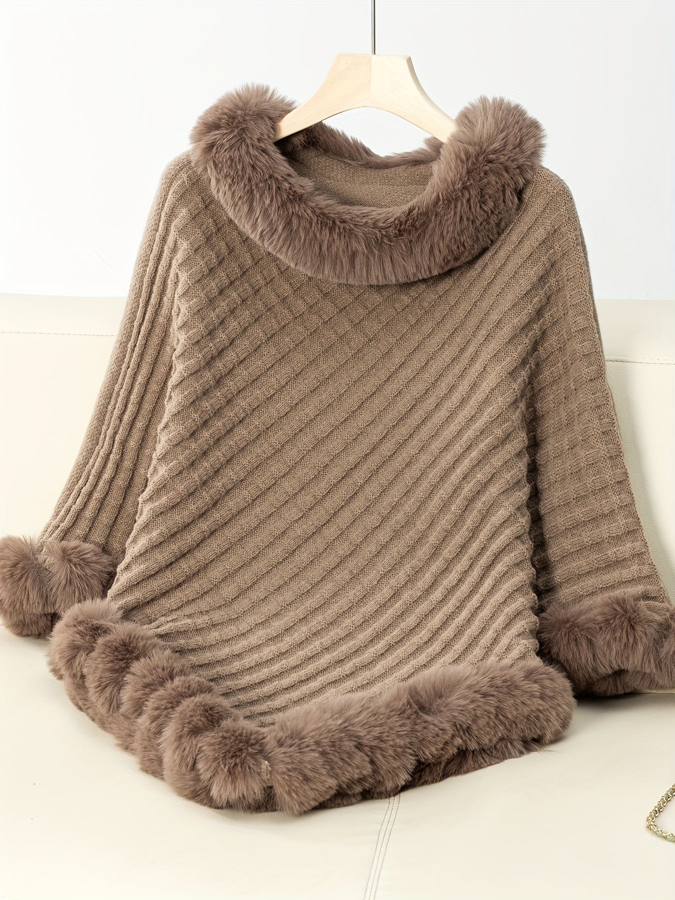 Faux Fur Trim Pullover Sweater, Casual Batwing Sleeve Irregular Hem Warm Sweater For Fall & Winter, Women's Clothing MyFave Boutique