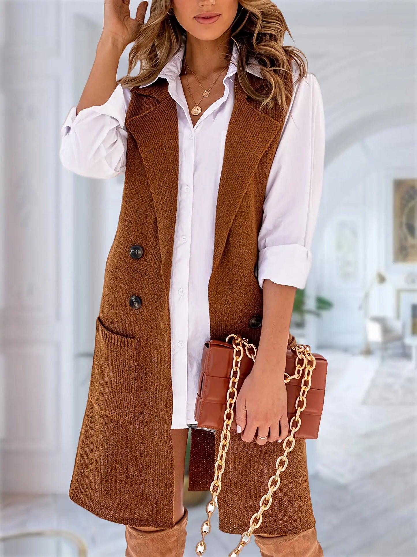 Women's Solid Color Sleeveless Cardigan with Lapel and Patched Pockets, Double-breasted Design, Ideal for Fall and Winter MyFave Boutique