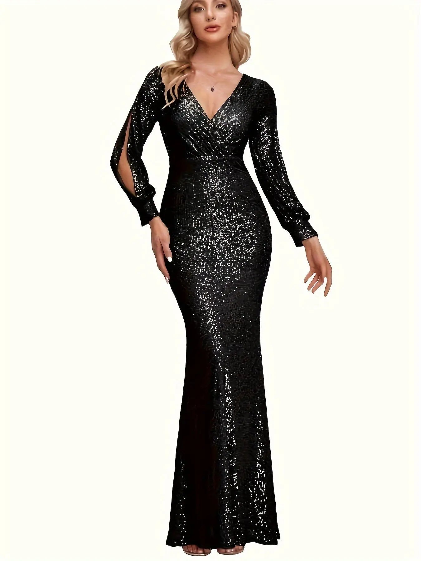 Sequined V-neck Slim Dress for Party & Banquet, Elegant Split Sleeve Bodycon Dress - Women's Clothing MyFave Boutique