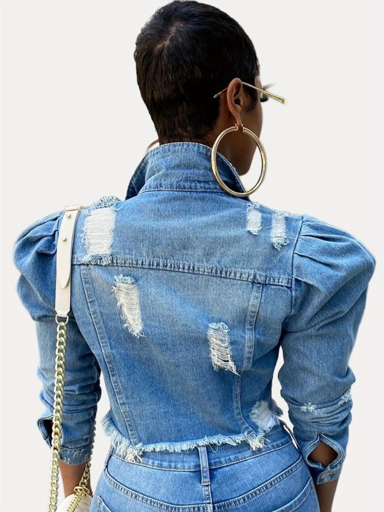 Ripped Long Puff Sleeve Denim Jackets, Casual Button Closure Cropped Denim Coats, Women's Denim Jackets & Coats MyFave Boutique