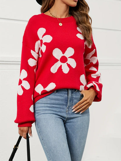 Floral Pattern Crew Neck Sweater, Elegant Long Sleeve Sweater For Fall & Winter, Women's Clothing MyFave Boutique