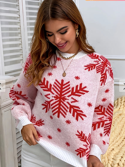 Christmas Snowflake Pattern Pullover Sweater, Casual Crew Neck Long Sleeve Sweater, Women's Clothing MyFave Boutique