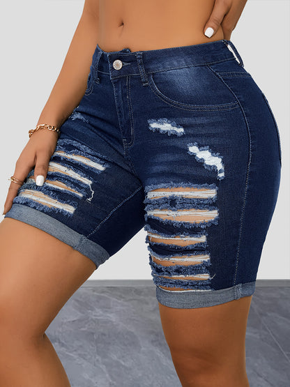 Vibrant Washed Blue Ripped Roll Up Hem Denim Shorts - Distressed Casual Slash Pocket Design, Comfortable Stretchy Fabric, Relaxed Fit, Women's Fashionable Denim Jeans & Clothing for Everyday Wear MyFave Boutique