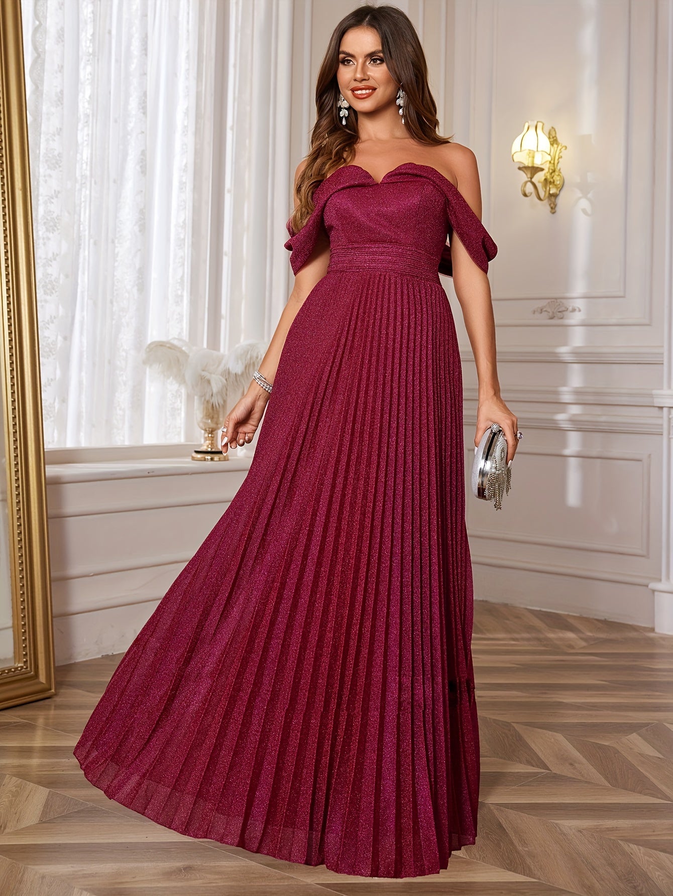 Glitter Off Shoulder Pleated Dress, Elegant Backless Maxi Dress For Party & Banquet, Women's Clothing MyFave Boutique