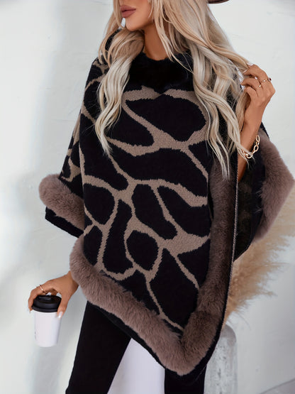 Giraffe Skin Pattern Fuzzy Trim Poncho, Elegant Thermal Hanky Hem Crew Neck Cape For Fall & Winter, Women's Clothing MyFave Boutique