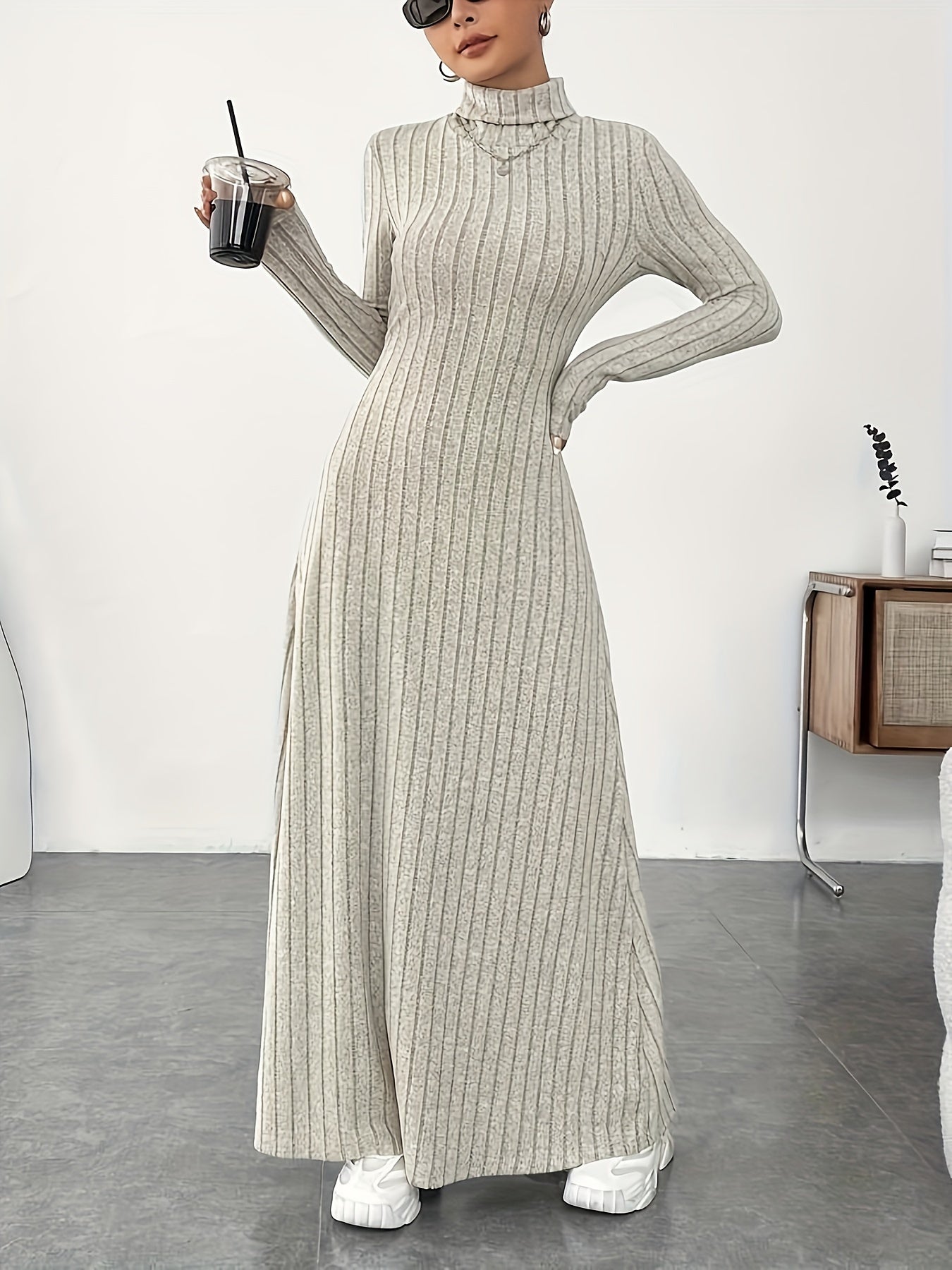 Solid Color Turtle Neck Ribbed Dress, Elegant Long Sleeve Flared Maxi Dress For Spring & Fall, Women's Clothing MyFave Boutique