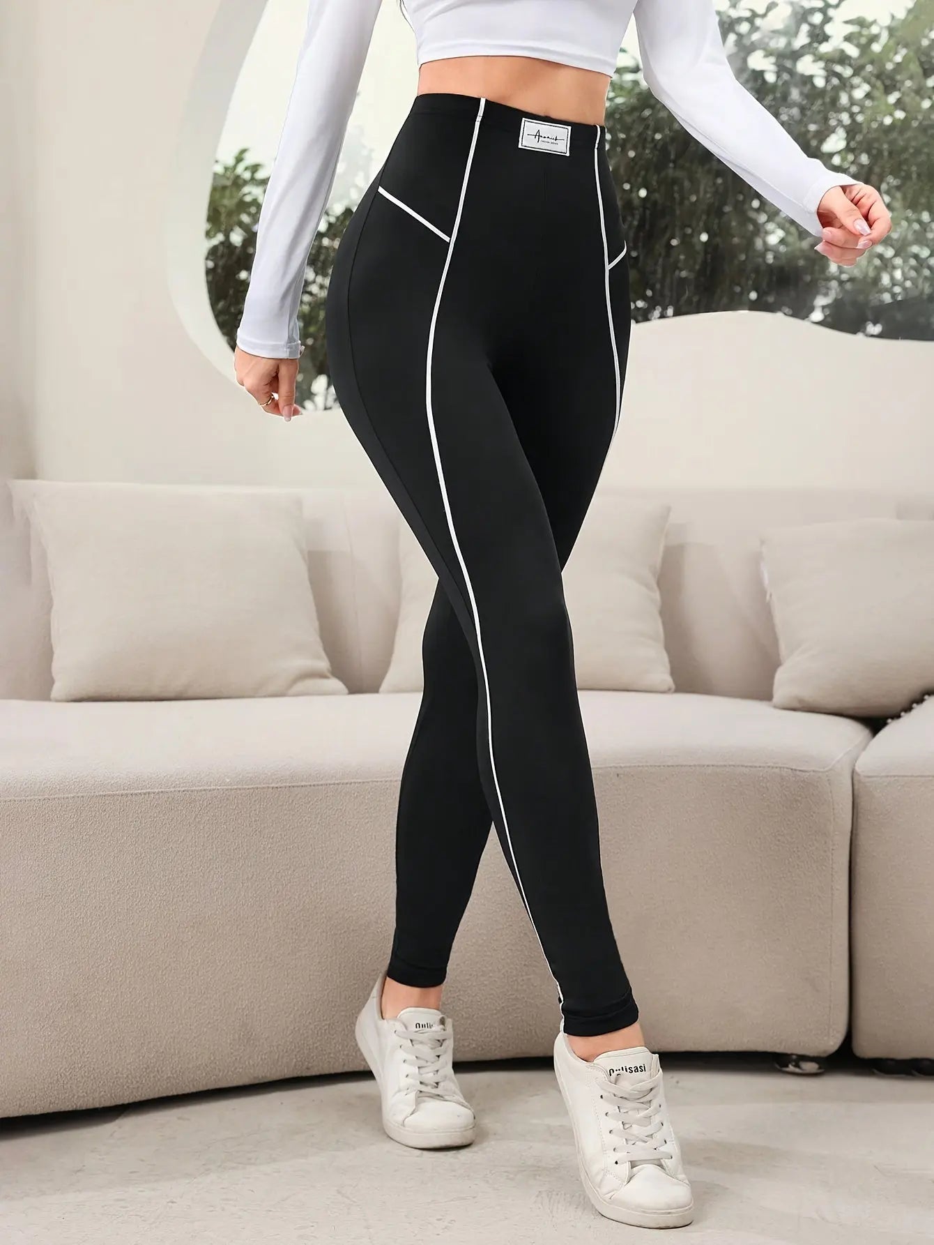 Contrast Trim High Waist Leggings, Casual Skinny Fit Leggings For Spring & Summer, Women's Clothing MyFave Boutique