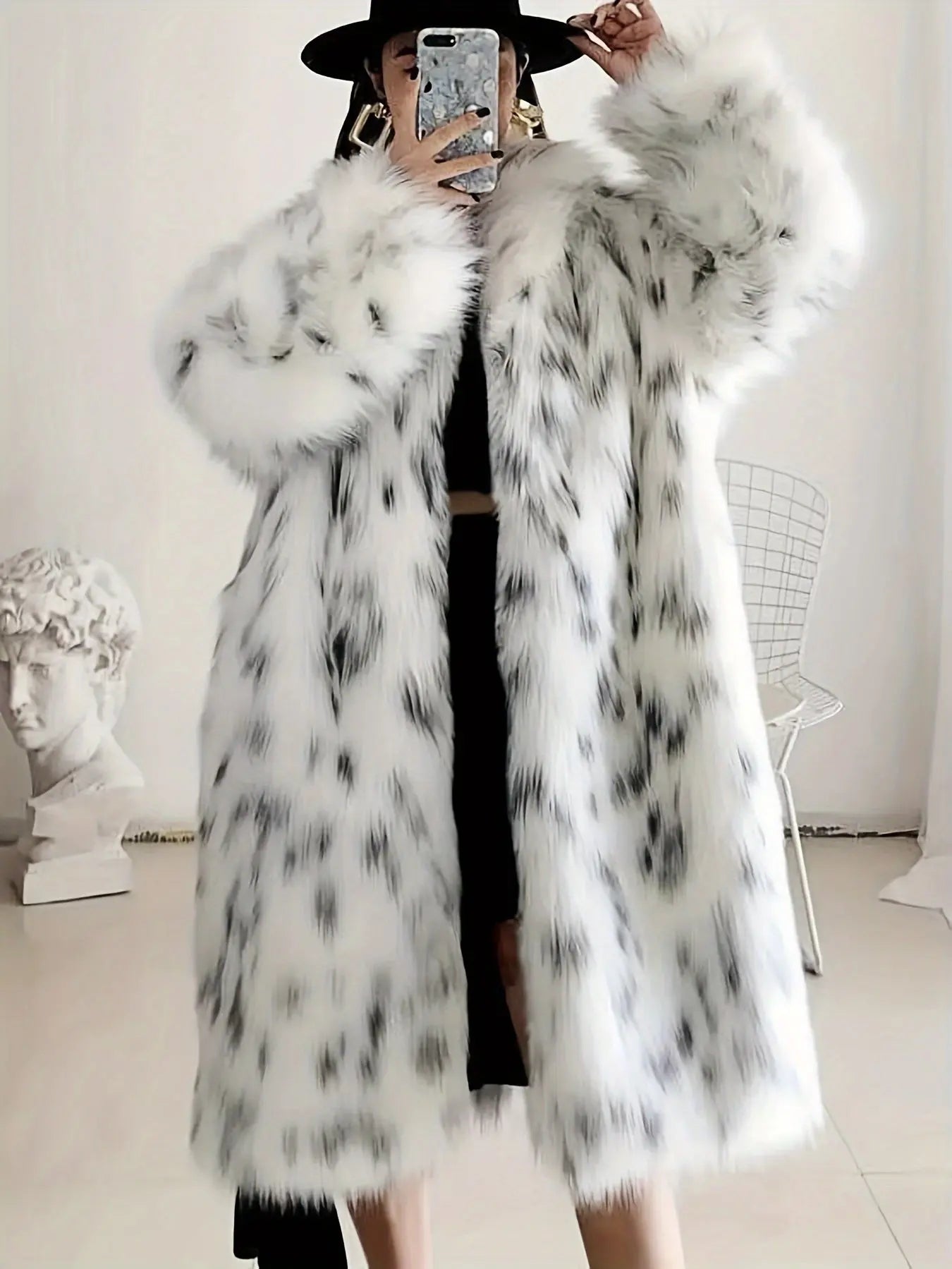 Leopard Print Open Front Faux Fur Coat, Long Sleeve Knee Length Thermal Coat for Women, Fall & Winter Fashion MyFave Boutique