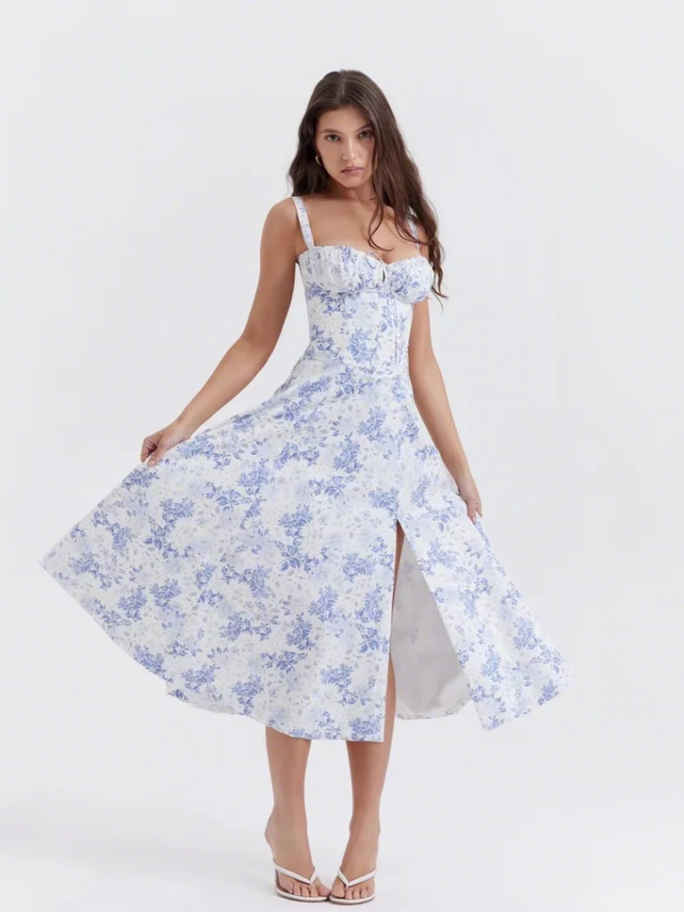 Women's Floral Print High-Low Midi Dress with Spaghetti Straps and Sweetheart Neckline for Summer Elegance MyFave Boutique