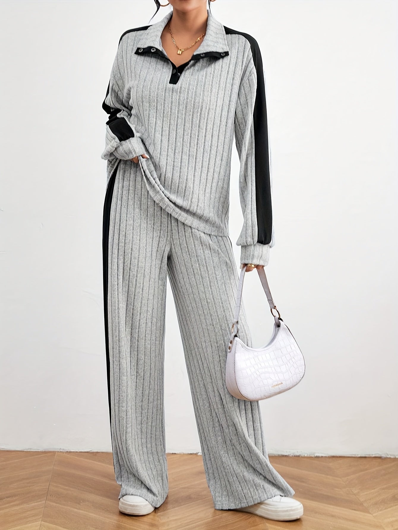 Color Block Ribbed Knit Pants Set, Long Sleeve Quarter Button Lapel Drop Shoulder Sweatshirt & Wide Leg Pants Outfits, Women's Clothing MyFave Boutique