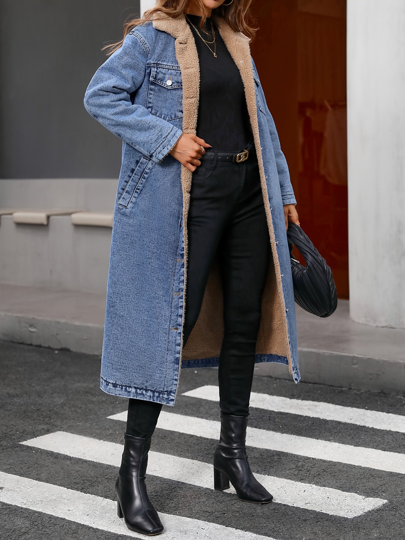 Plus Size Plush Lined Plain Washed Blue Long Sleeve Elegant Style Long Denim Jacket Coat For Winter, Women's Denim Jeans & Clothing MyFave Boutique