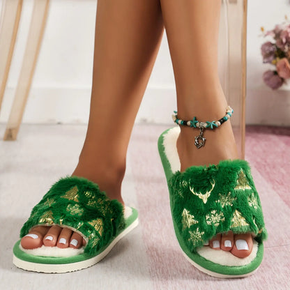 Women's Cozy Christmas Plush Open-Toe Slippers with Non-Slip EVA Sole MyFave Boutique