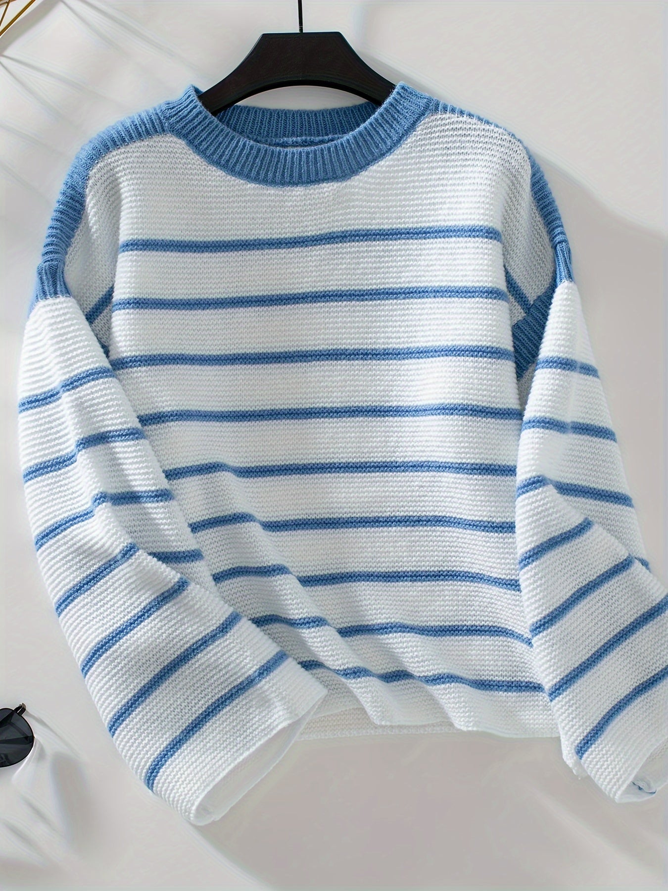 Striped Color Block Crew Neck Sweater, Casual Long Sleeve Sweater For Fall & Winter, Women's Clothing MyFave Boutique