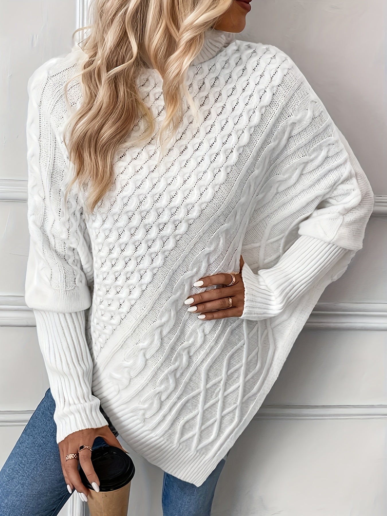 Cable Knit Turtle Neck Sweater, Stylish Hanky Hem Batwing Long Sleeve Sweater For Fall & Winter, Women's Clothing MyFave Boutique