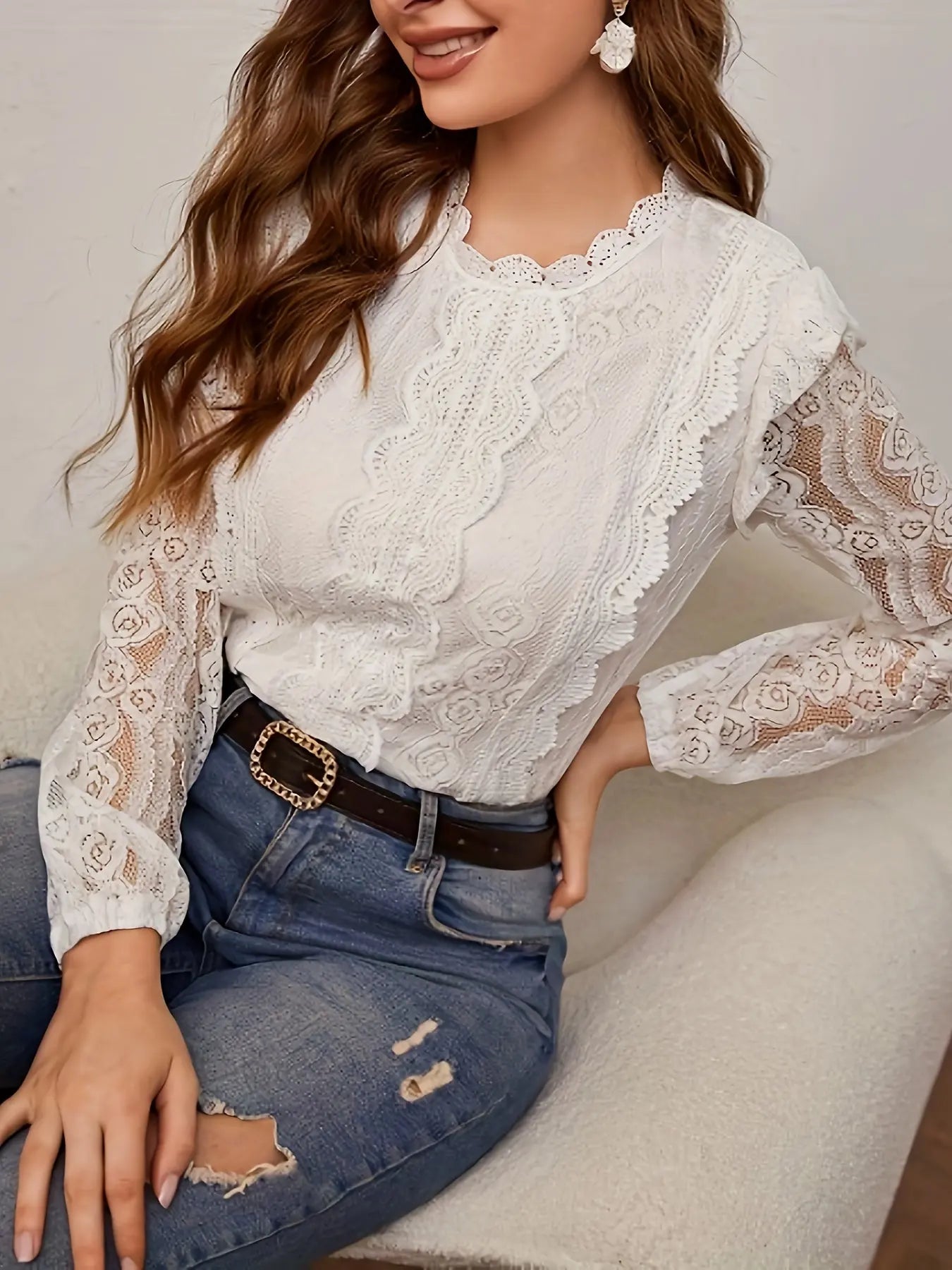 Guipure Lace Crew Neck Blouse, Elegant Long Illusion Sleeve Top For Spring & Fall, Women's Clothing MyFave Boutique